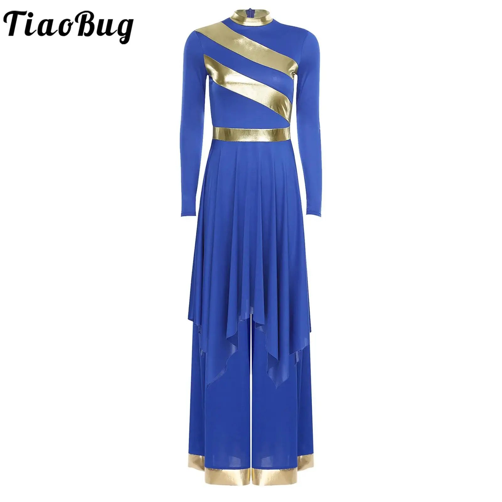 

Women Liturgical Praise Lyrical Dance Dresses Worship Choir Church Performance Costume Long Sleeve Metallic Dress with Pants Set