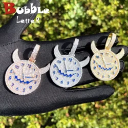 Bubble Letter Iced Out Evil Clock Necklace Pendant for Women Real Gold Plated Hip Hop Jewelry