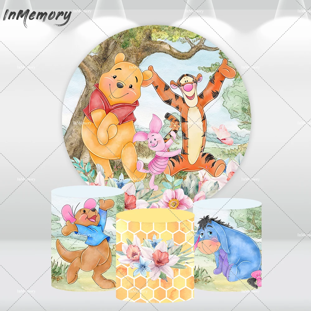 

Watercolor Winnie the Pooh Bear Baby Shower Round Backdrop Cover Custom Boy 1st Birthday Background Photography Tiger Pig Banner