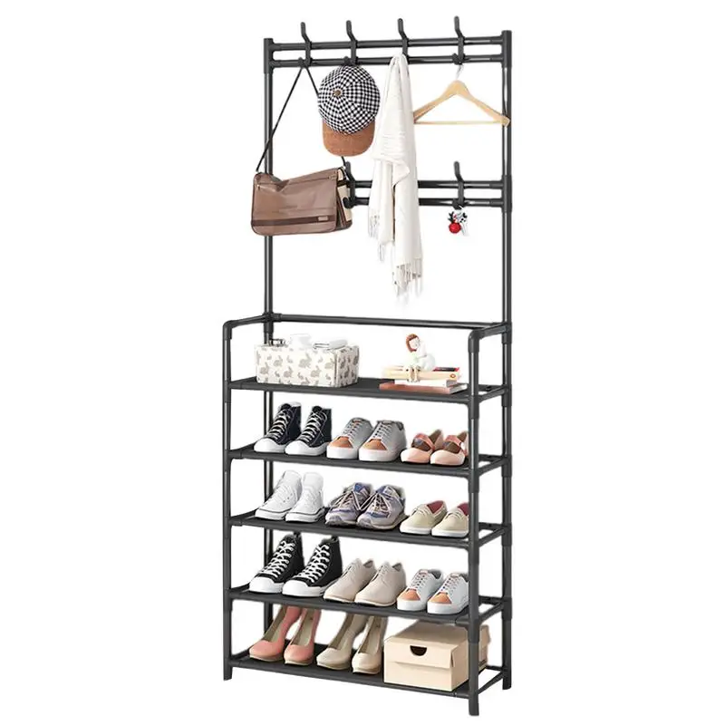 

Clothes Rack With Shoe Storage With Hooks Metal Cloth Hanger Rack Stand Floor-standing Dormitory Hanger For Items Storage Rack