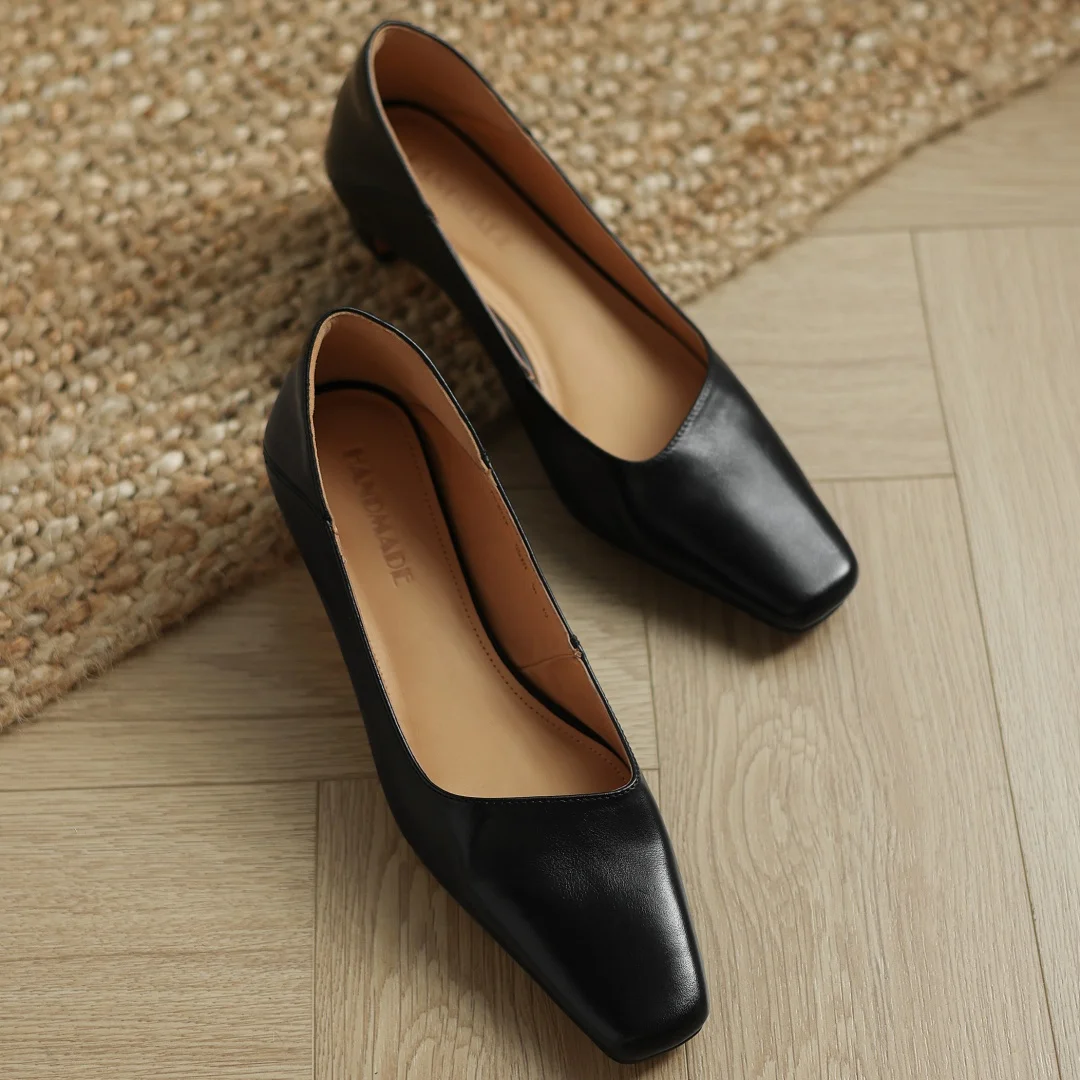 danxuefei Damen-Slip-on-Pumps aus Rindsleder mit quadratischer Zehenpartie, 3 cm Kitten-Absatz, elegante Damen-Schuhe für den Alltag, schmales Kleid, niedrige Absätze für Damen
