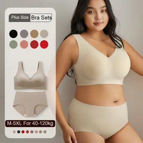 M-5XL 40-120kg 플러스 사이즈 여성 브래지어 세트 팬티 통통한 여자 여자의 큰 가슴 작은 안티 처짐 무선 대형 브래지어