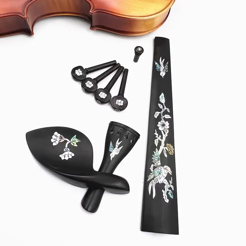 Perfecto 1 Juego de accesorios de piezas de ébano para violín 4/4, pieza trasera con patrón con incrustaciones + clavijas de afinación + pasadores + soporte para barbilla/soporte para barbilla + diapasón