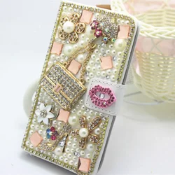 Luxury Bling Handmade Glitter Rhinestone Pearl Leather Flip Wallet Phone Case for iPhone, 14, 16, 12, 13 Pro Max, XR, 15 16Plus