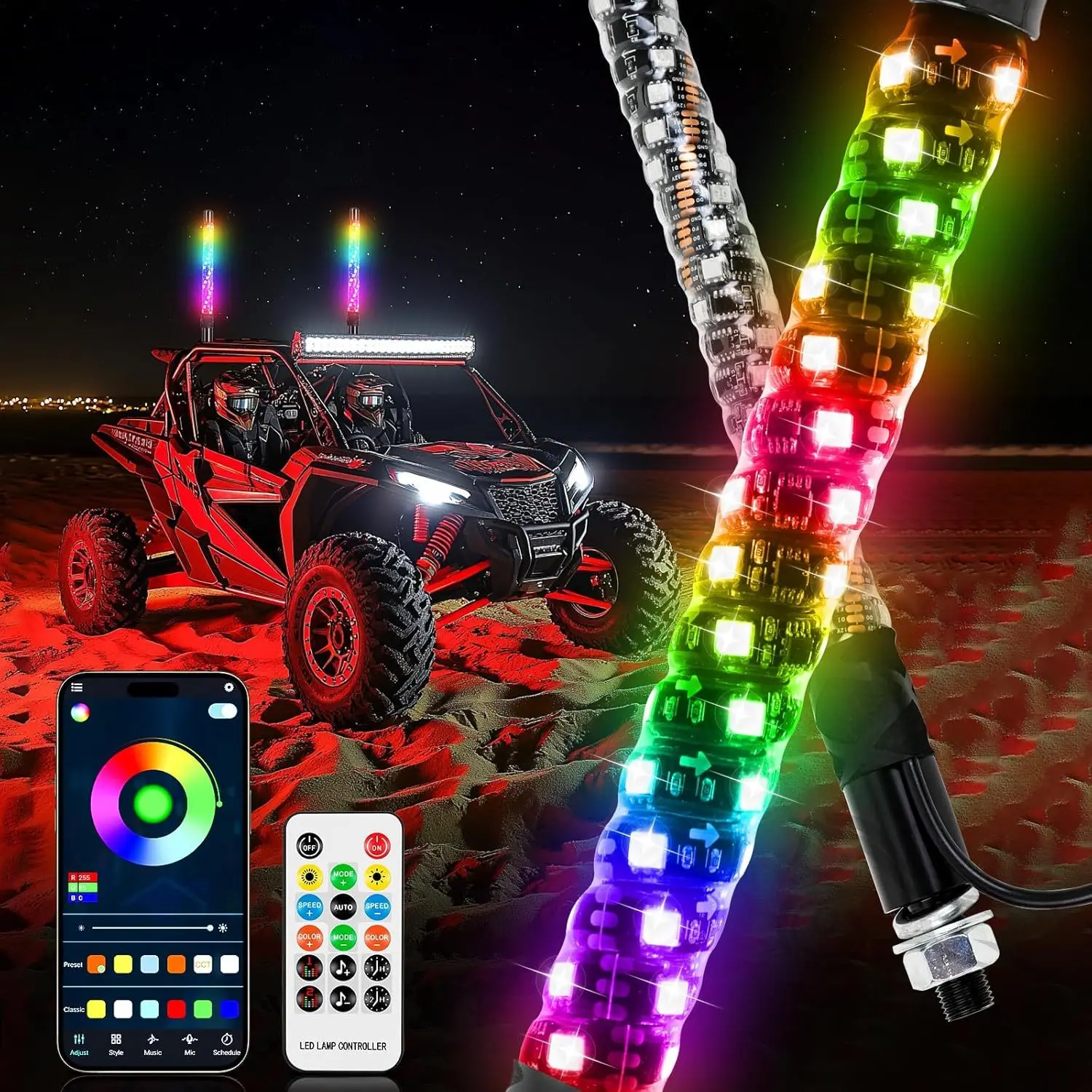 2Pcs 1FT Spiral RGB LED Whip Lights for Side by Side with Wireless Remote APP Control RGB Chasing Lighted Antenna Whips for UTV