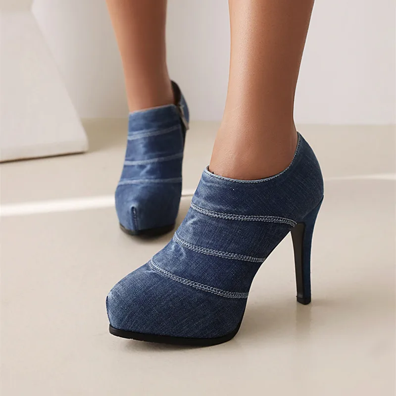 

YMECHIC Concise Sewing Thread Platform Heels Pumps Women 2022 Stiletto Zipper Autumn Denim Nightclub Party Ladies Shoes Dropship