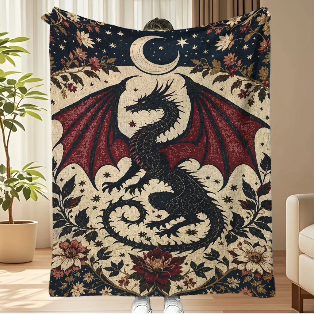 Vintage Gothic Dragon Moon Star Floral Tapestry Blanket Mythical Flying Dragon Wall Hanging Aesthetic Home Decor Polyester Wall