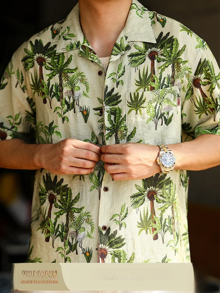 

MBBCAR High-End Retro Cuban Collar ort Sve Linen irt Narrow Width American Casual Hawaiian Sle Men's Summer Faion