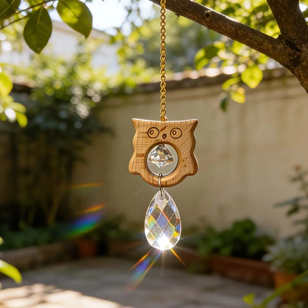 Owl Bird Pendant Creative Crystal Ball Sun Catcher with Light Refraction Patterns, Rainbow Maker Hanging Ornament for Home & Car