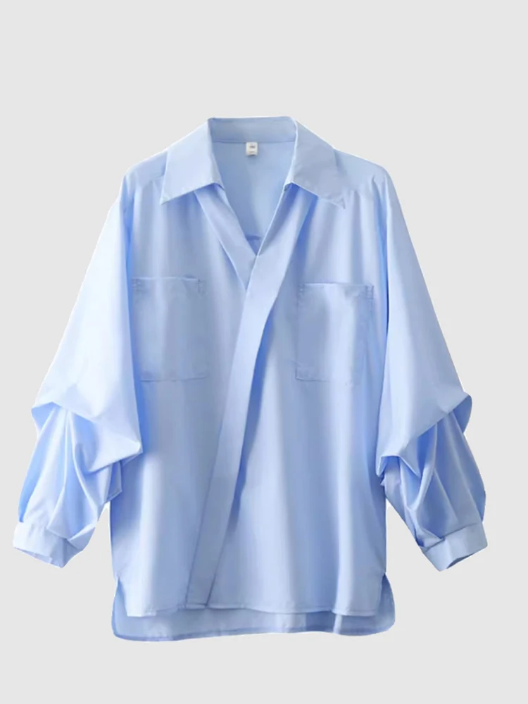 High Quality Women White Blue Shirts Office Ladies Elegant Long Sleeve Loose Luxury Tops Blouse Plain Color Shirts with Pocket