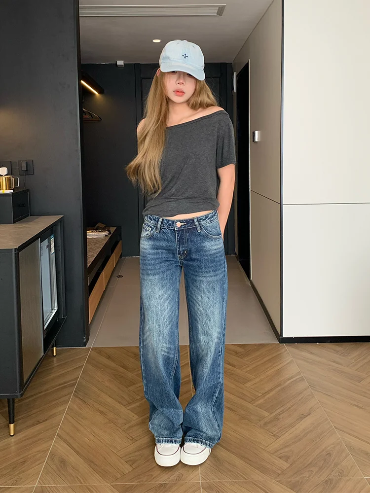 Low Waist Straight Leg Denim Jeans Women's New Style American Loose Hot Girl Slimming Casual Long Pants Vintage Washed plus Size