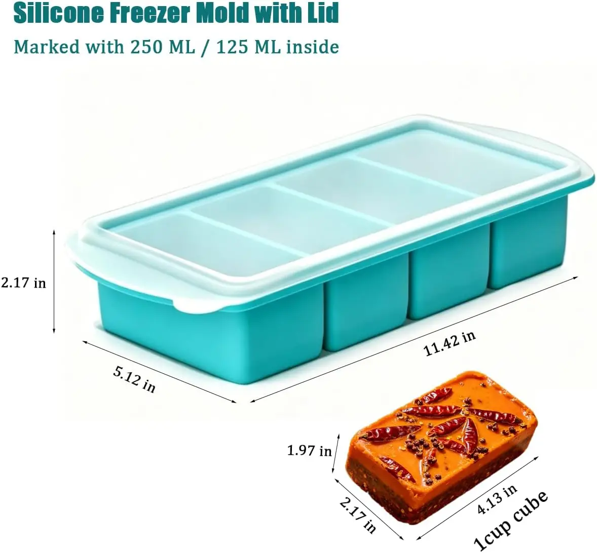 Silicone Freezer Tray with Lid 2 Pack, 1 Cup Large Ice Cube Tray, 8 Portion Soup Freezer Container, Food Freezer Storage & Meal