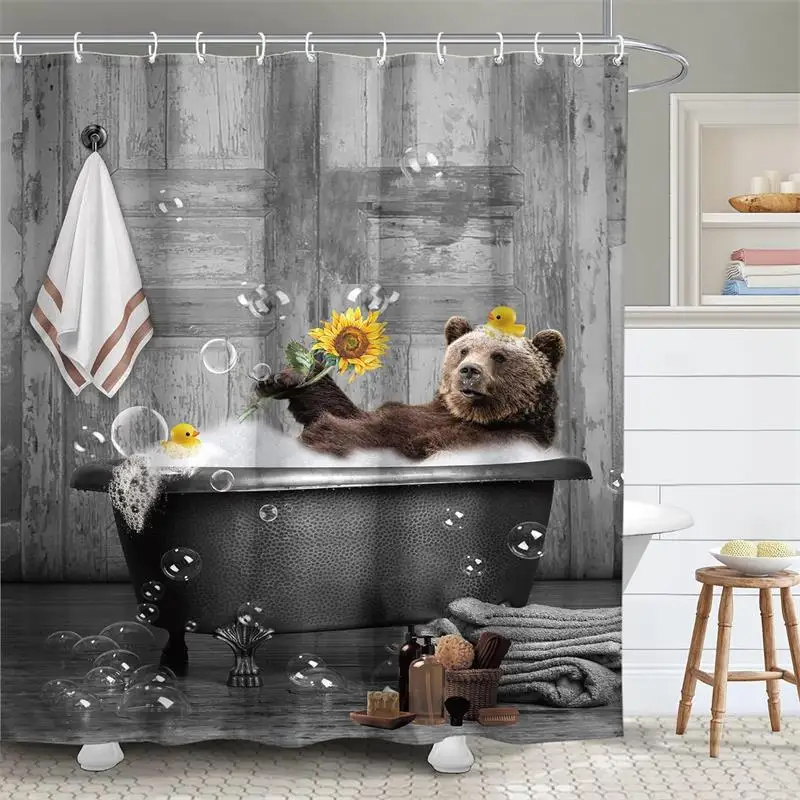 Funny Animals Shower Curtain Bathing Highland Cow Brown Bear Cute Cat Shark Creative Kids Bath Curtains Polyester Bathroom Decor