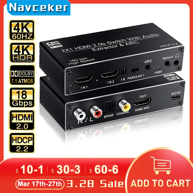 Navceker 2x1 HDMI 2.0 Switch 4K 60Hz HDMI Switch Support 3D,ARC & Optical Toslink HDR Switcher Switch HDMI 2.0 For PS3 PS4 Pro