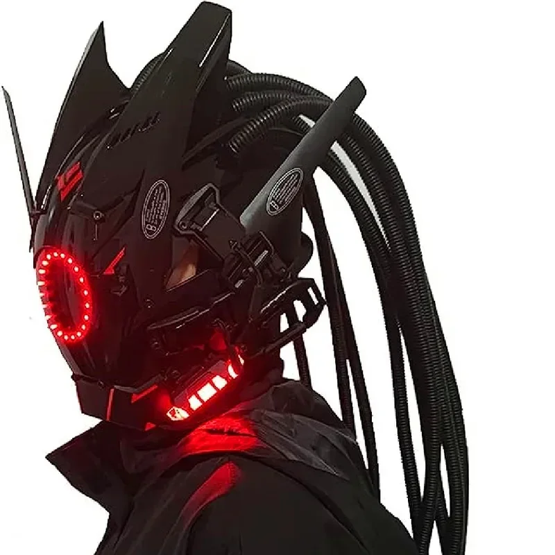 Cyberpunk Mask Red Lighting Led With Hair Music Festival Fantastic Cosplay Sci-Fi Soldier Helmet Halloween Party Gift For Ad MN3