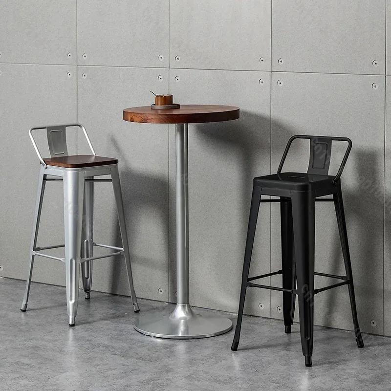 Modern Simple Wrought Iron & Solid Wood Bar Chair, Backrest High Stool For Cashier Coffee Home Furniture