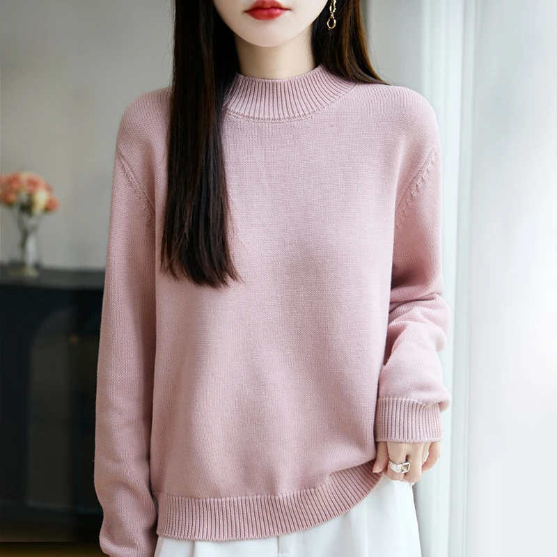 

100% pure cotton women's knitted sweater solid color round neck pullover loose cotton sweater autumn and winter new women's