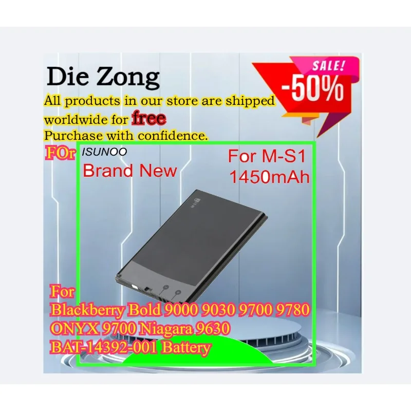 

New ISUNOO 1450mAh M-S1 MS1 Battery For Blackberry Bold 9000 9030 9700 9780 ONYX 9700 Niagara 9630 BAT-14392-001 Battery