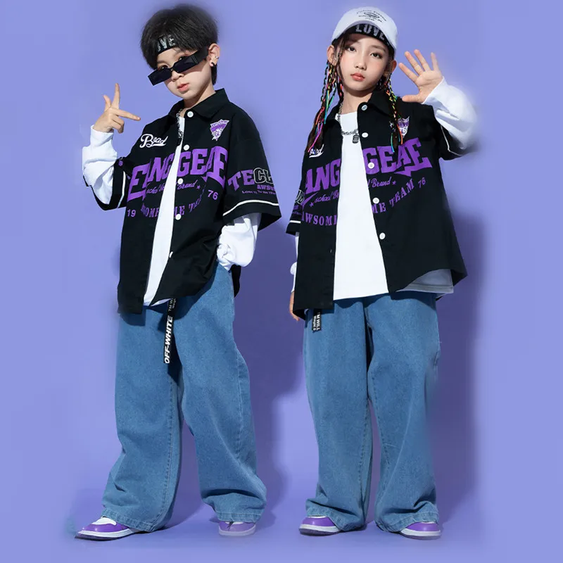 

Boys Hip Hop Short Sleeve Shirt Baggy Jeans Girls Street Dance Jacket Loose Pants Clothes Set Kids Streetwear Child Jazz Costume