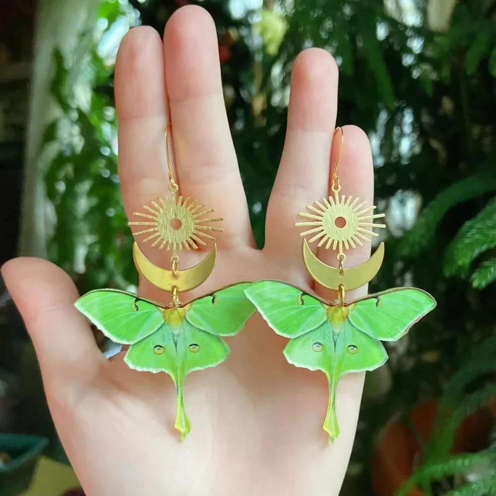Witchy Boho Sun Crescent Moon Green Insect Moth Dangle Earrings for Women Gold Tone Stainless Steel Spiritual Nature Ear Jewelry