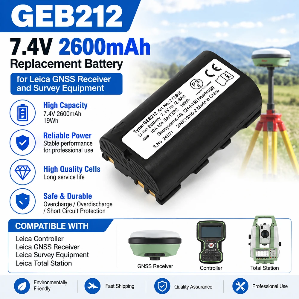 GEB212 Battery for TPS400 TPS700 TPS800 TPS1100 TPS1200 Total Station 7.4V 2600mAh Li-ion Replacement Battery for Leica