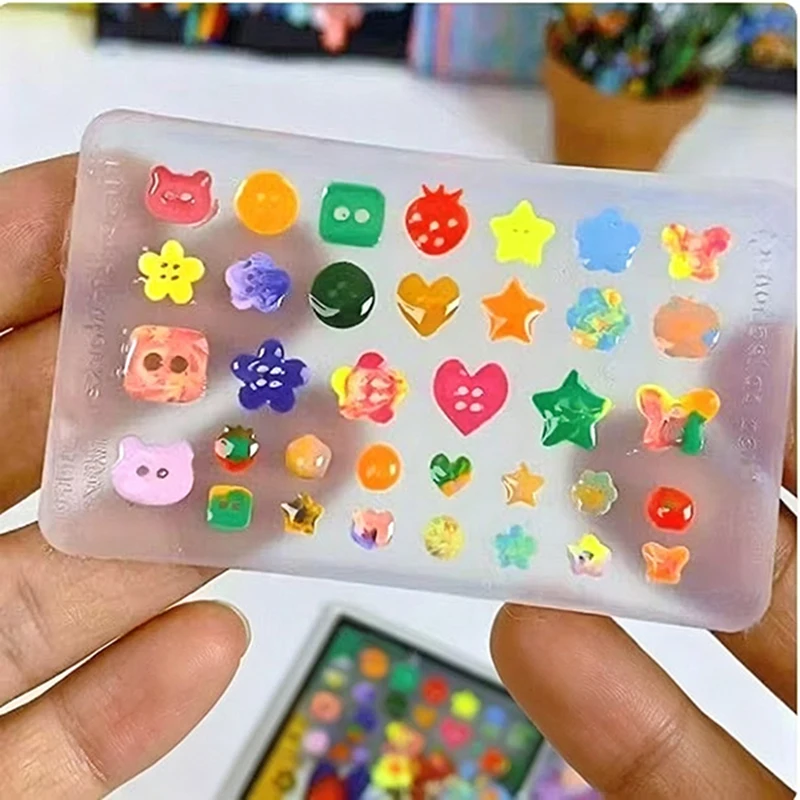 1Pcs Cute Button Nail Silicone Mold Animal Fruit Flower Star Shape Buttons Clear Nails Craving Molds DIY Nail Charms Mould Tool