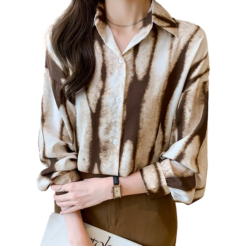 بلوزة نسائية كاجوال على الطراز الكوري مخططة باللون الكاكي بلوزة فضفاضة بأكمام طويلة #2