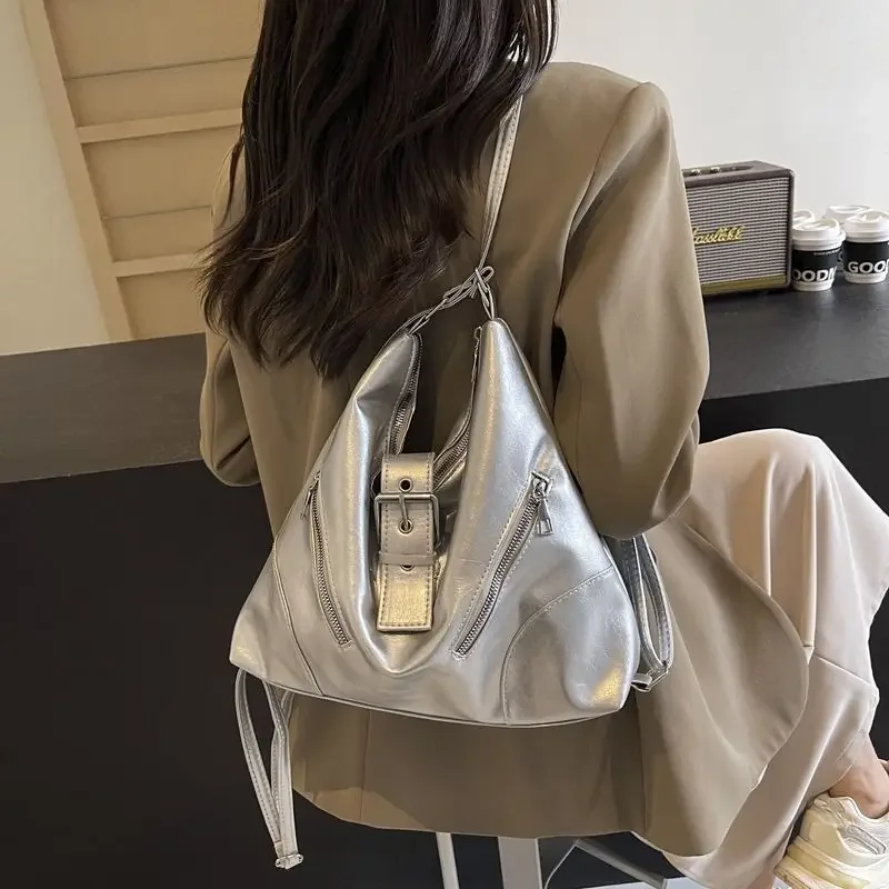 

Silver Punk Large Capacity Shoulder Bag for Women 2024 Versatile Commuter Tote Bag Simple Backpack Single Shoulder Underarm Bag