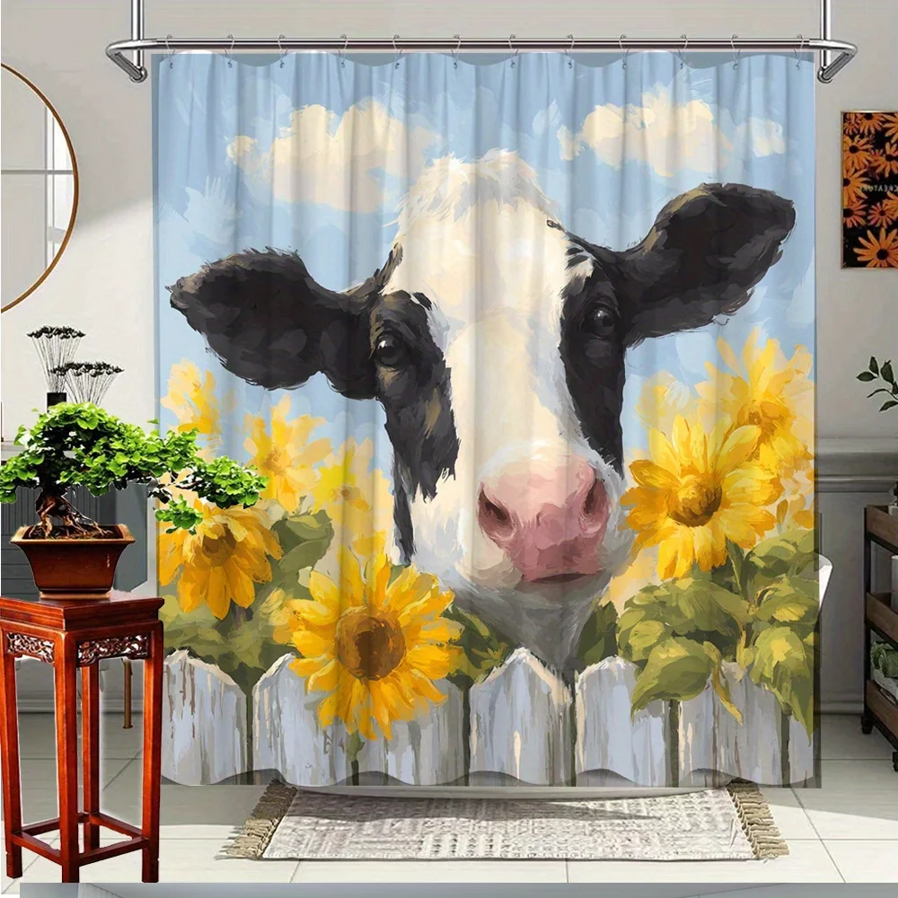 

1pc Cheerful Cow Shower Curtain with Sunflowers, Home Bathroom Decoration, Polyester Fabric, Includes 12 Hooks, 70. 8x70. 8 Inch