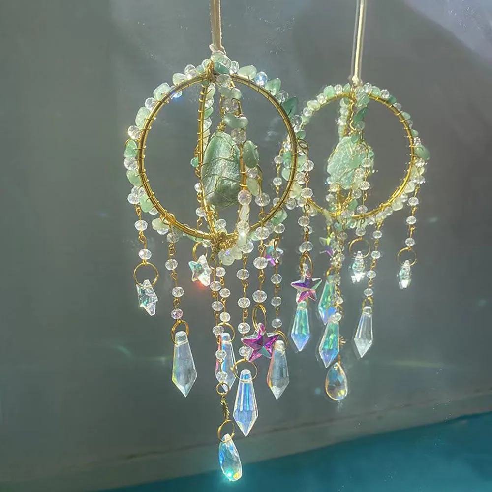 Custom Green Aventurine Crystal Sun Catcher - Double Hoop Gold Frame Raw Stone Chip Sphere Hanging Ornament for Window Decor