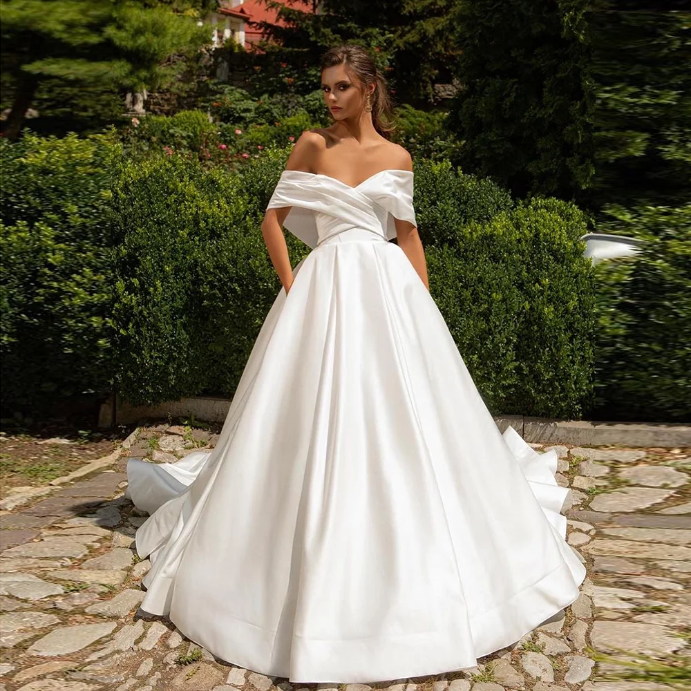 

Customized Modest Off-Shoulder Crisscross Satin Solid Wedding Dress Open Back Court Elegant Wedding Gown