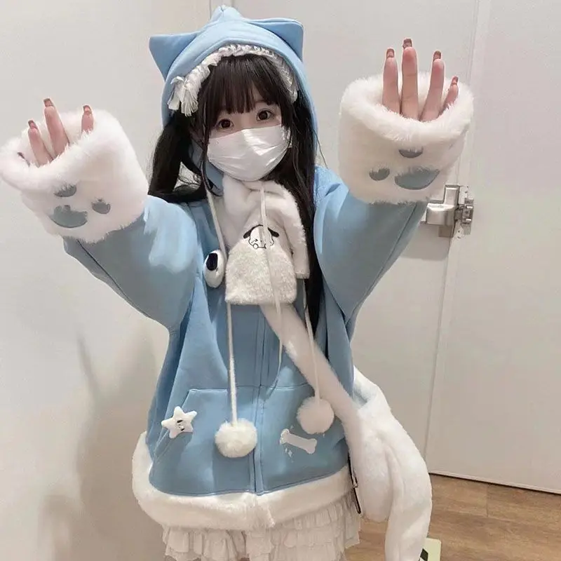 Sudadera con capucha y pata de oreja de gato con bordado de Anime japonés para mujer, abrigo de lana Kawaill dulce, chaqueta de moda Harajuku Y2k para invierno, nueva