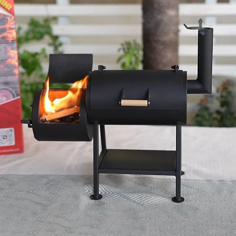 Portable Mi-ni Smoker BBQ Gr-ill Out-door Camping Hand-made Dual Barrel Cooking Gi-ft