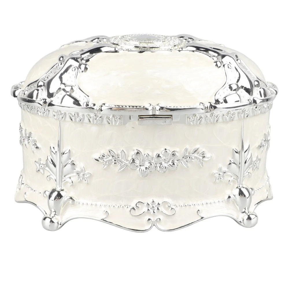 Alloy Material Vintage Jewelry Box Oval Shape White Color Antique Jewelry Organizer Small Size Crystal Enamel
