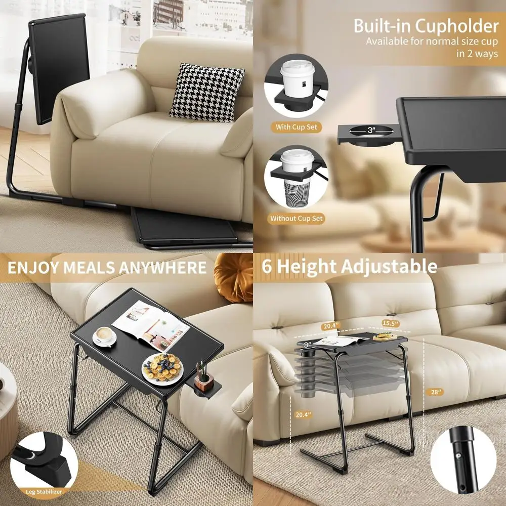 

2-Pack Black Adjustable TV Tray Tables with 6 Height & 3 Angle Settings, Folding Dinner Trays with Cup Holders for Bed and Sofa