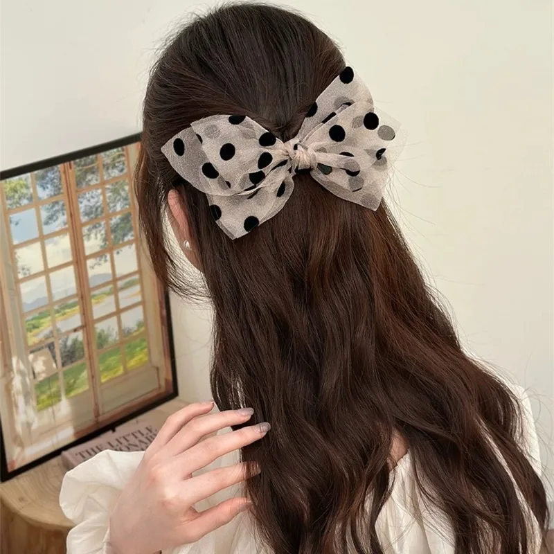 Mesh Polka Dot Barrettes Back Head Sweet Temperament Head Clip Large Bow Spring Clip Elegant Clip Hairware