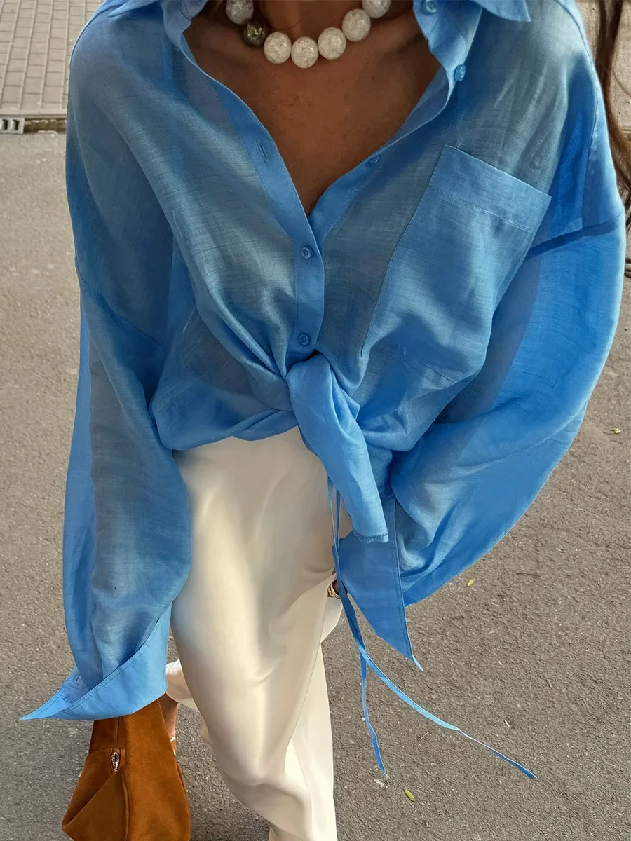 

Sumuyoo Sunscreen vacation shirt 2026 summer blue loose lace up long sleeved lightweight breathable top