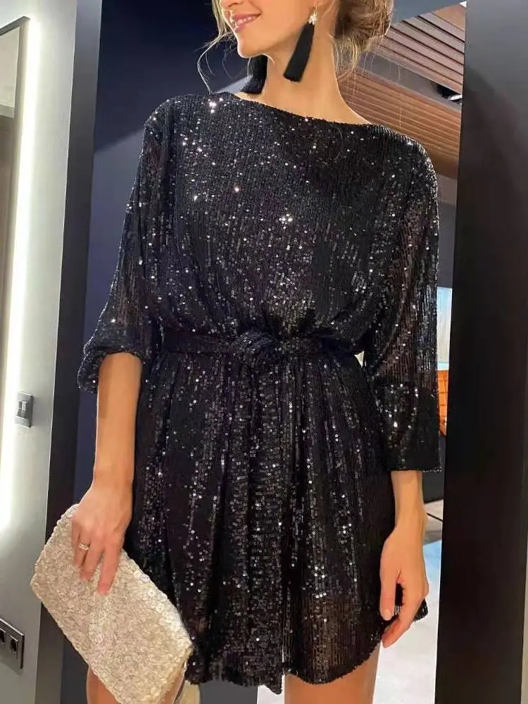 

Winter Autumn Fashion Light Gold Sequined Gitter Sexy Bodycon Mini Dress Women O Neck Long Sleeve Lace Up Evening Party Dresses
