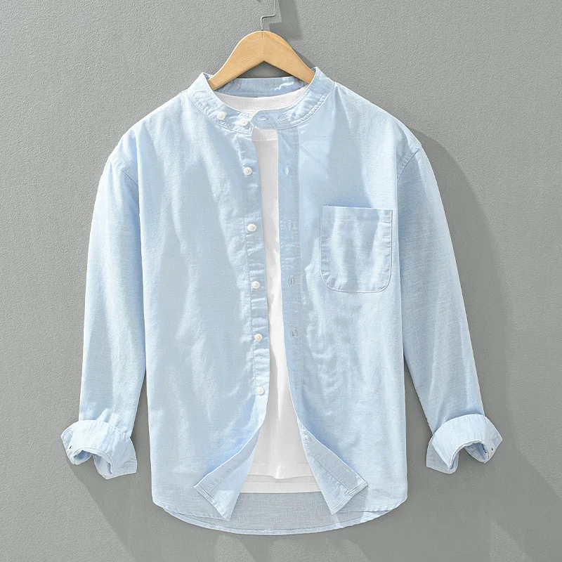 

2024 Men's Spring and Summer Casual Cotton and Linen Stand Collar Long Sleeve Shirt Loose Breathable Linen Sun Protection Shirt