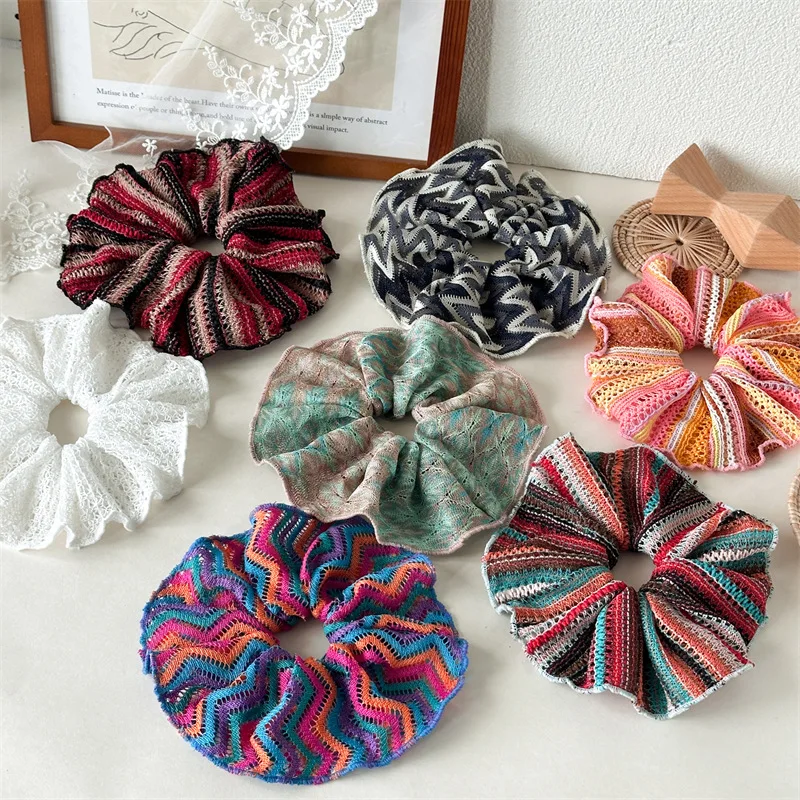 

2025 New Summer Hollowed-out Knitted Elastic Hair Rope Retro Handcrafted Colorful Stripe Hair Band Headwear For Woman Girls