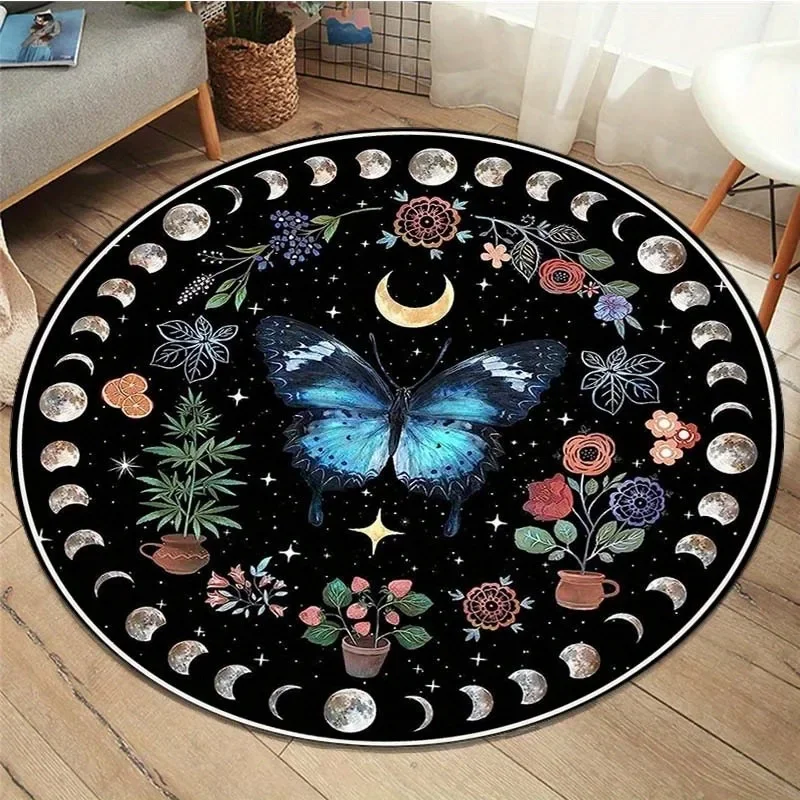 Botanical Butterfly Tarot Moon Phase Flower Round Rug Witchcraft Astrology Round Carpets for Living Room Bedroom Home Decor
