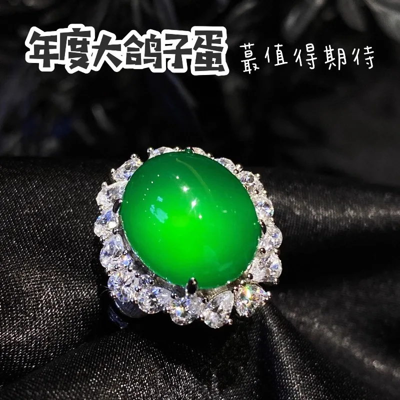 Jewelry Ice Seed Green Jade Marrow Pigeon Egg Ring Handmade Copper Silver Plated Women's Ring Temperament jewelry gift