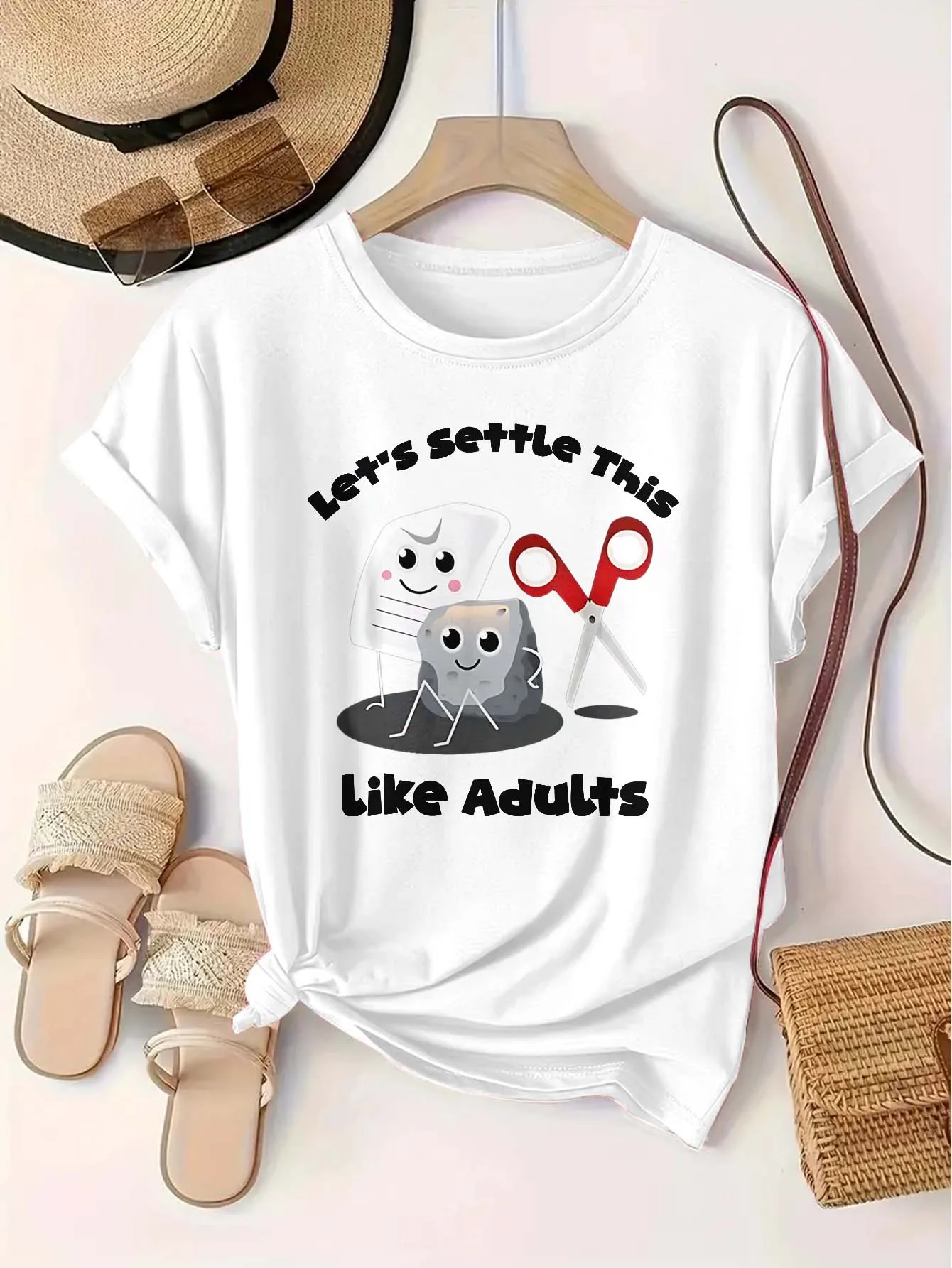 

Plus Size 1xl-5xl Short Sleeve T - Shirt Women's Oversize Clothing: “Settle Like Adults” Cartoon Game Graphic