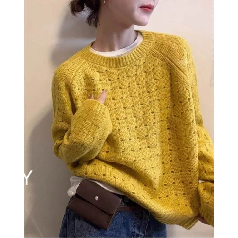 

Женский весенне-осенний новый мягкий шерстяной вязаный свитер с модным узором, ажурный, свободного кроя, повседневный пуловер