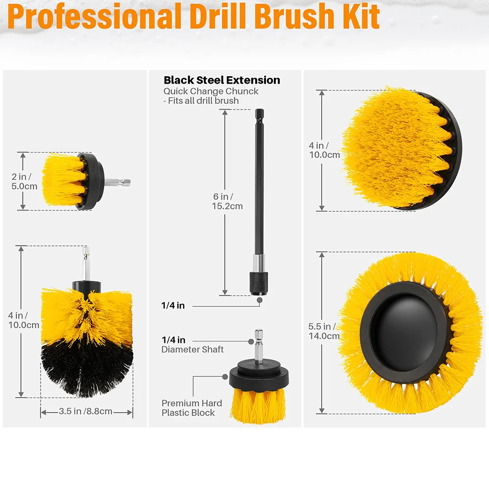 Set di accessori per spazzole gialle per trapano, 5 pezzi con spazzole estese da 2/3,5/4/5 pollici per dettagli auto, superfici del bagno, cucina, doccia