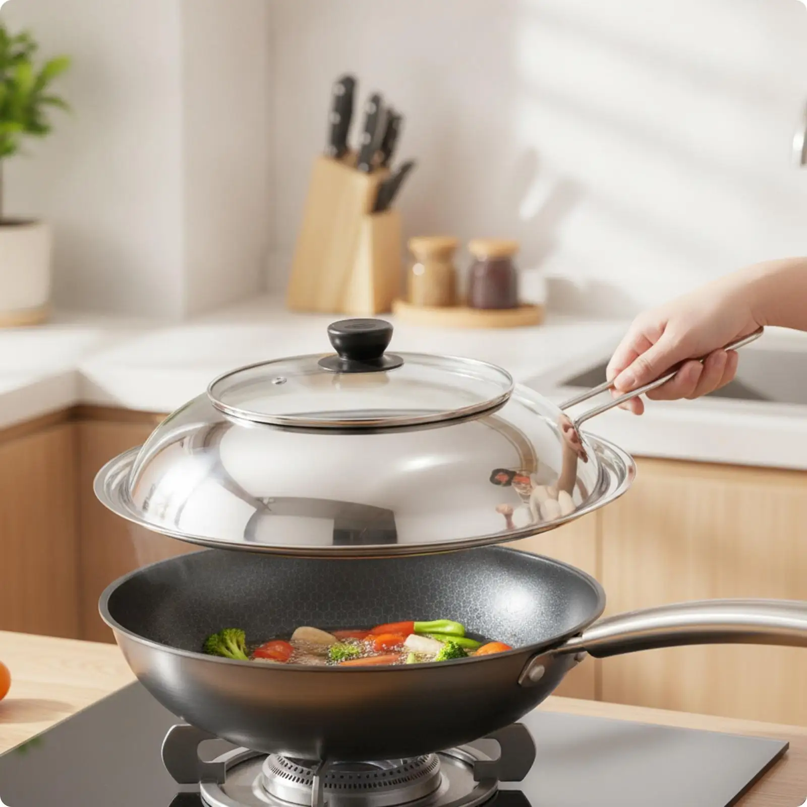 Glass Lid with Stainless Steel Handle Spatter-Reducing Pot Cover Transparent