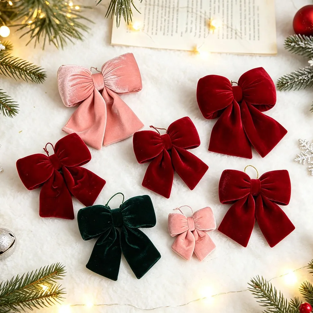 Velvet Fabric Bowknot Pendant Bowknot Shape Classic Christmas Style Hanging Xmas Ornament DIY Tree Hanging Decor Party Supplies