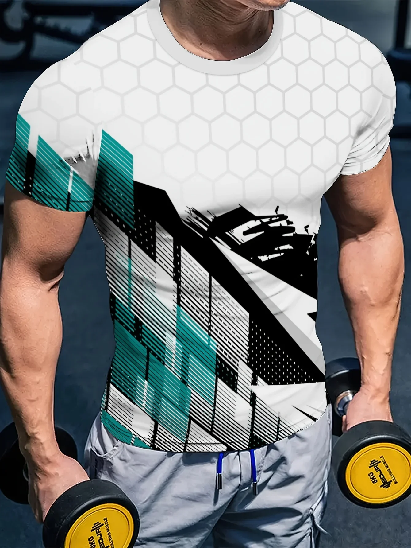 

Летний мужской повседневный дышащий быстросохнущий свободный удобный спортивный топ с круглым вырезом и короткими рукавами с простым принтом