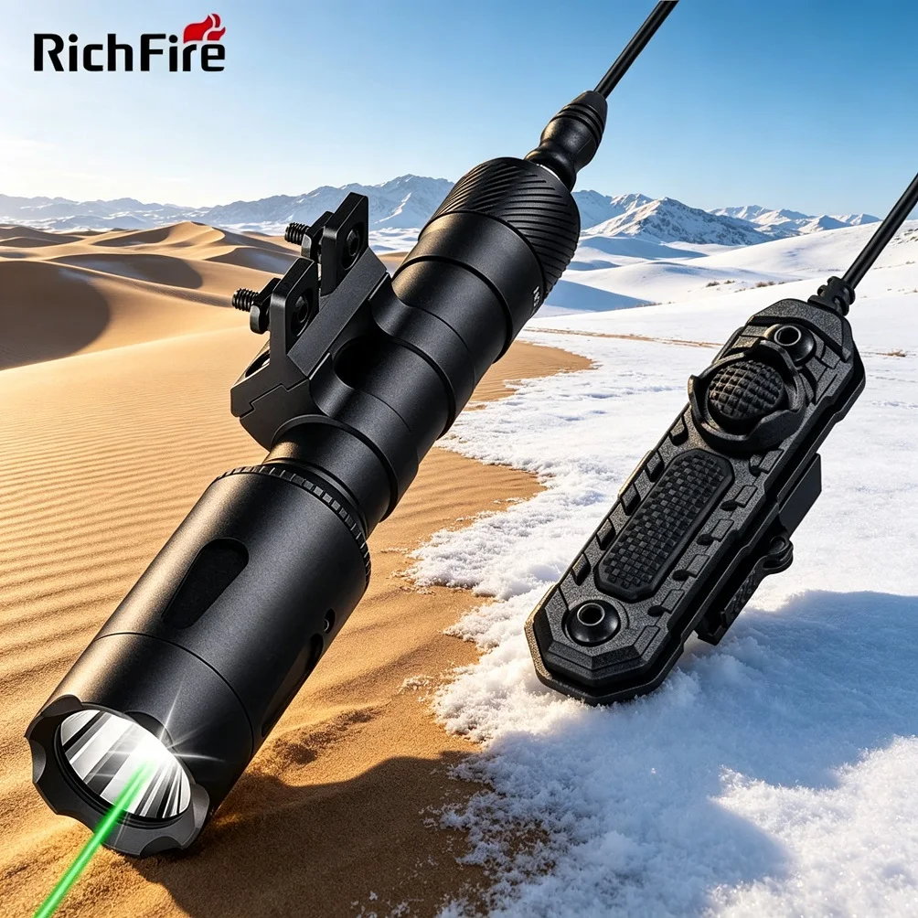 Richfire Tactical Rifle Flashlight 1680 Lumens Green Beam Combo Rechargeable Torch Light for Hunting Camping Outdoor 20mm Mount