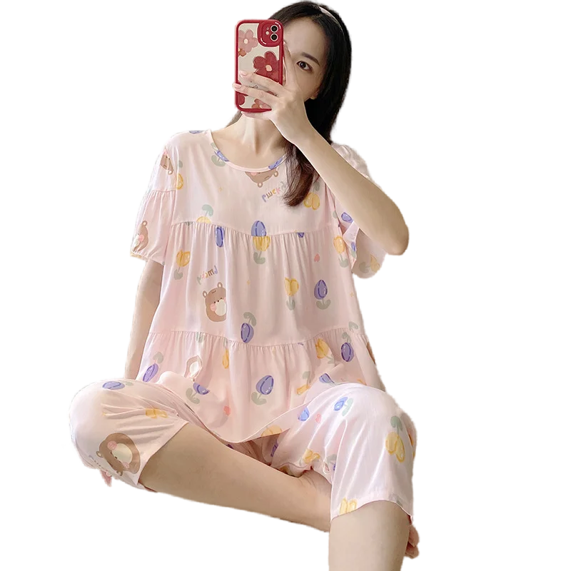 

Women's Pajamas Korean Reviews Many Pajamas Sleepwear for Summer Spring Cotton Round Neck Home wear L-XXL Calf Length Pants